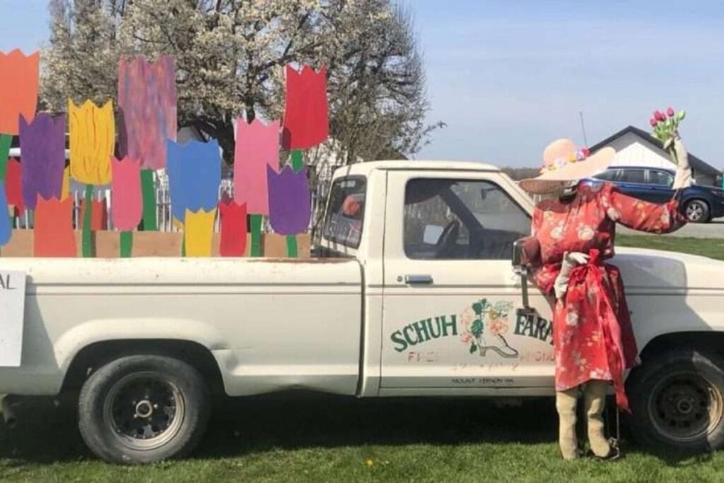 A white truck with the words "Schuh Farm" on the side, tulip cutouts in the truckbed, and a mannequinne wearing a dress in front.