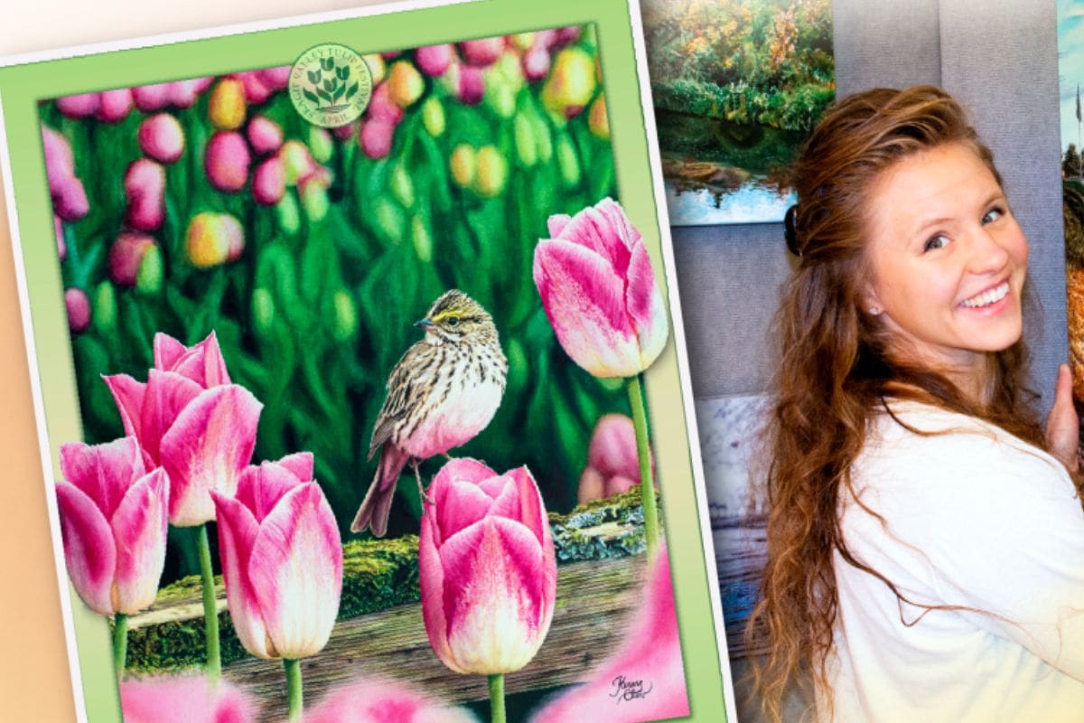 Vibrant tulip and bird illustration promoting Skagit Valley Tulip Festival 2023.