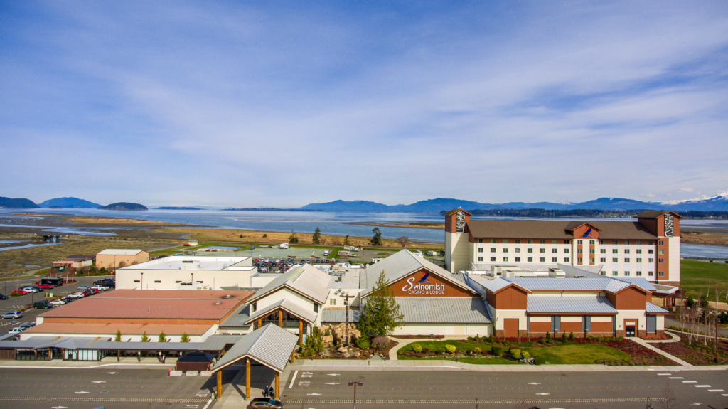 Aerial view of Swinomish Casino & Lodge near Anacortes, Washington, with Padilla Bay in the background.