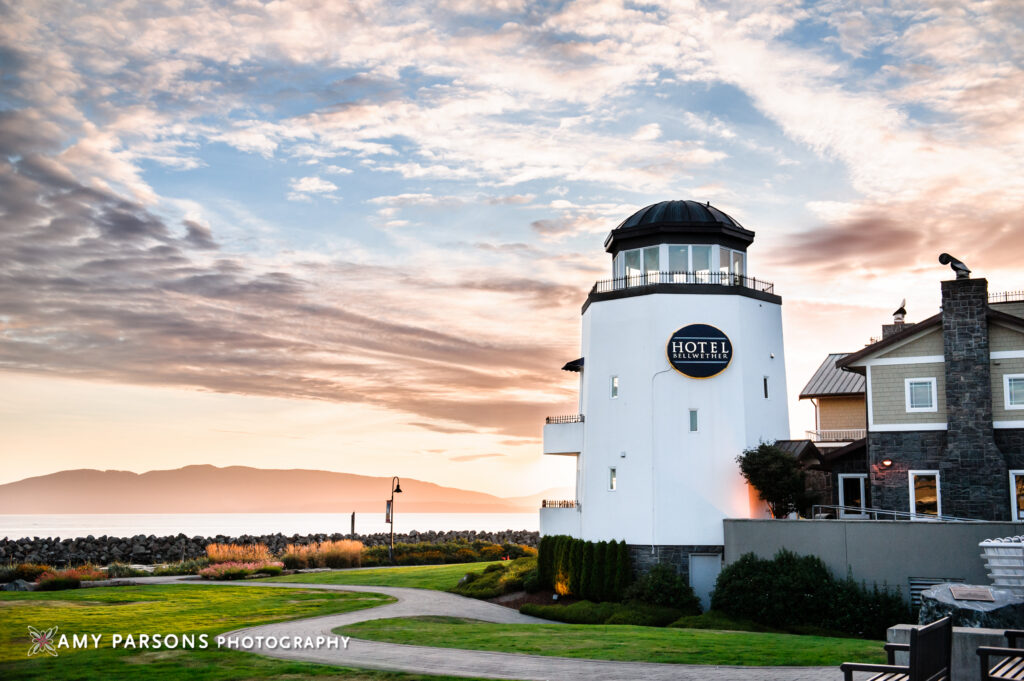 Hotel Bellwether lighthouse tower on the Bellingham waterfront at sunset.