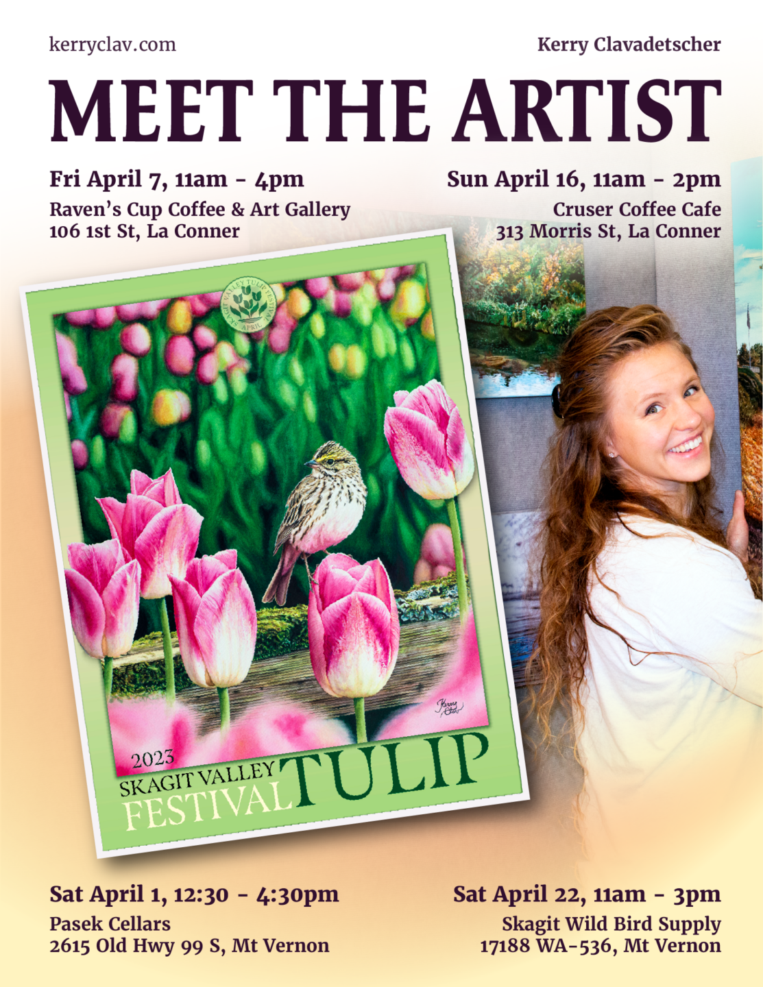 Get your 2023 Tulip Festival Poster signed and Meet 2023 Featured Artist Kerry Clavadetscher
