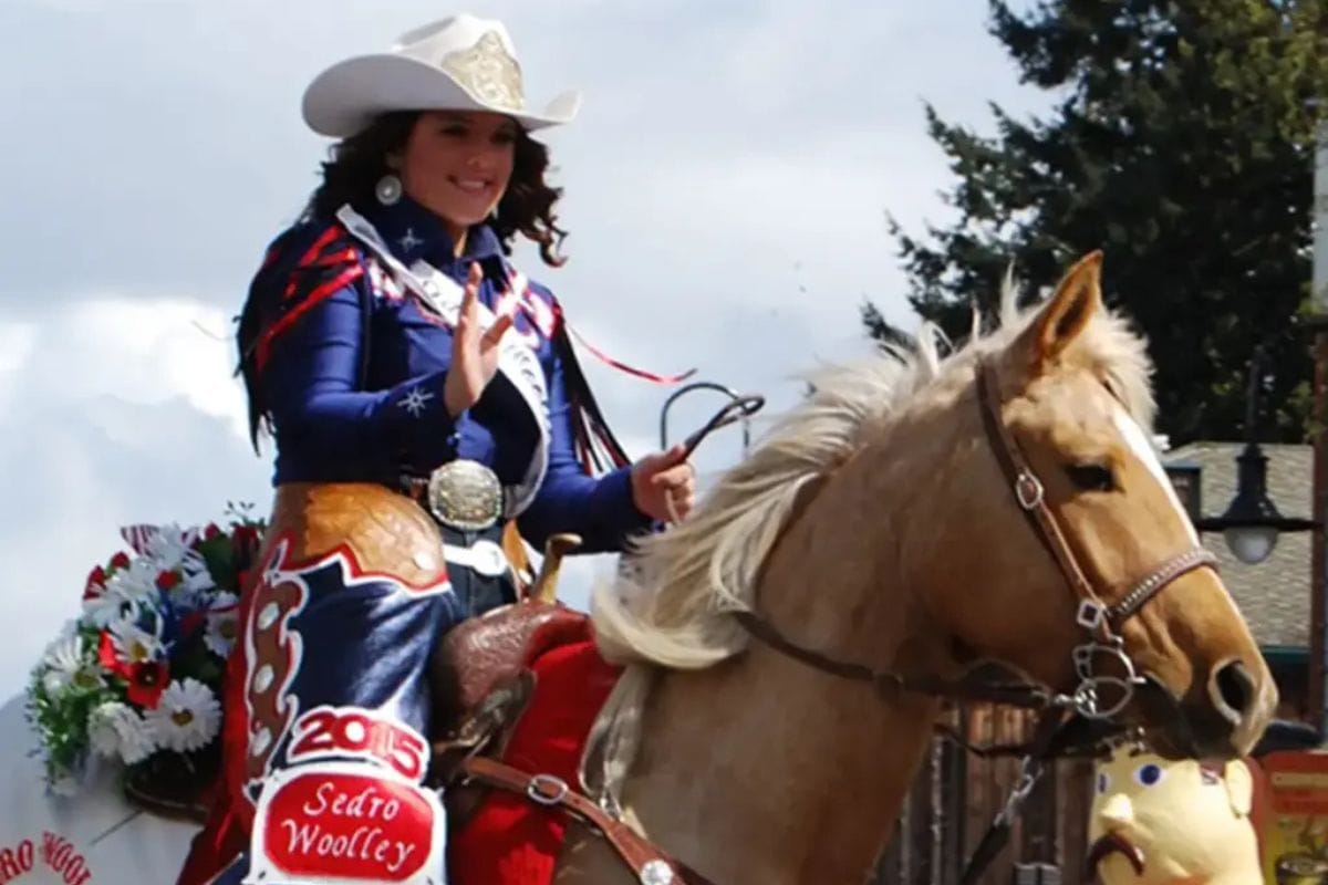Woman riding a horse during the Skagit Valley Tulip Festival parade.