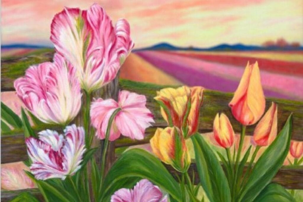 A painting of colorful tulips blooming in Skagit Valley during the Tulip Festival.
